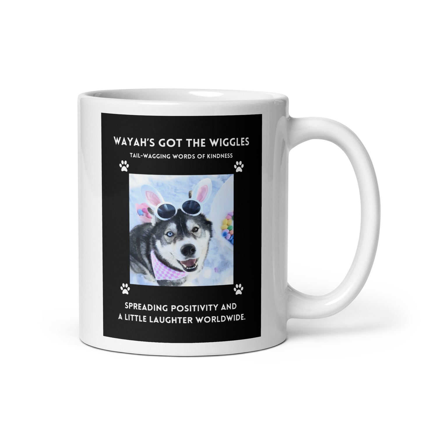 White glossy mug- Wayah's Got the Wiggles